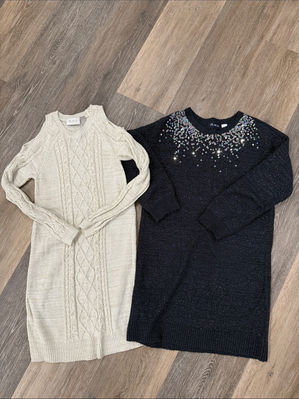PLACE Cream Cable-Knit Cold-Shoulder  and Shiny Navy Sweater dresses. Size 7/8
